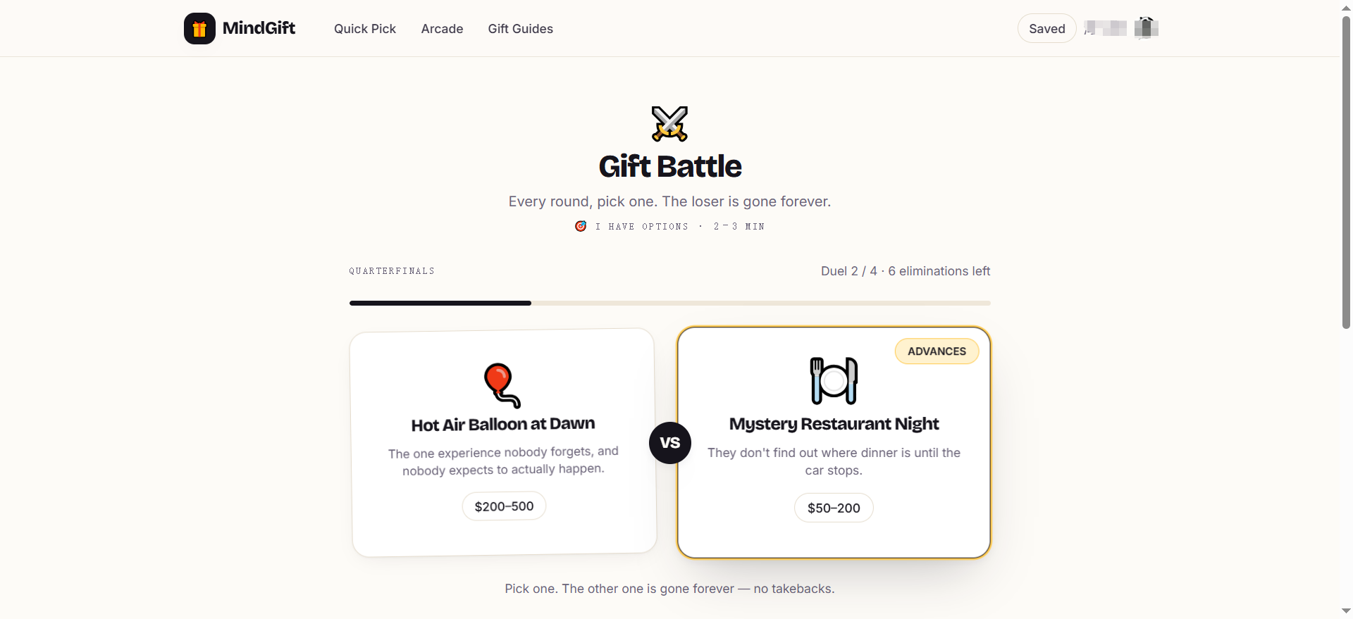 The winning gift on a gold platform with confetti, and a single line of insight text underneath about the choices made.
